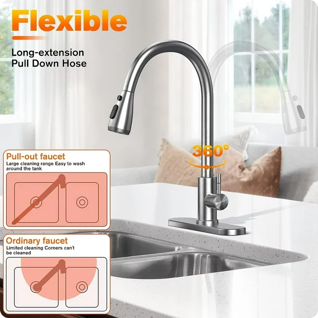 Lefree Kitchen Faucets with Pull Down Sprayer Single Handle Sink Faucet Silver