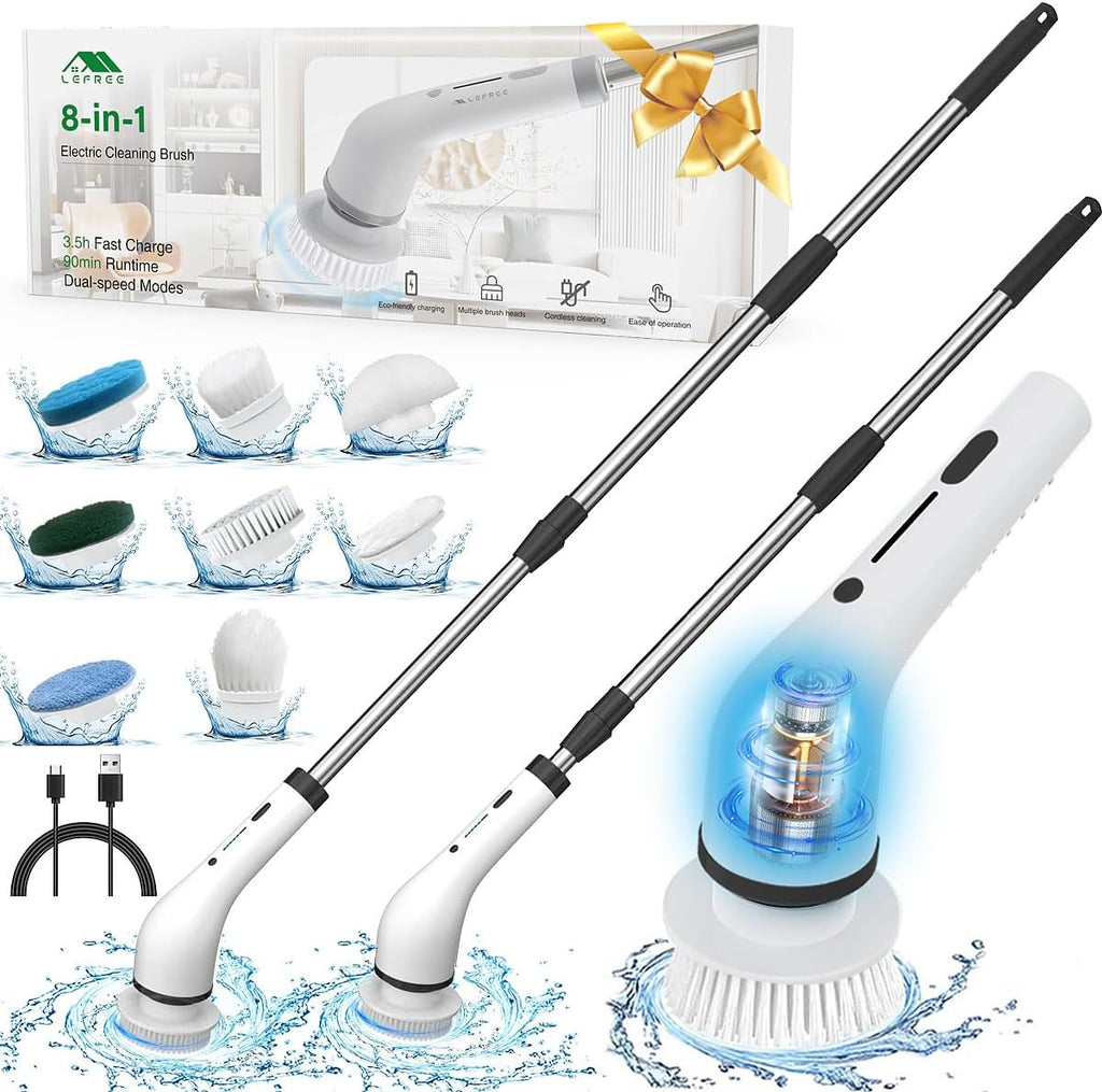 Electric Spin Scrubber, 2024 New Cordless Cleaning Brush with 8 Replaceable  Brush Heads, Power Shower Scrubber Long Handle, Extendable Handheld